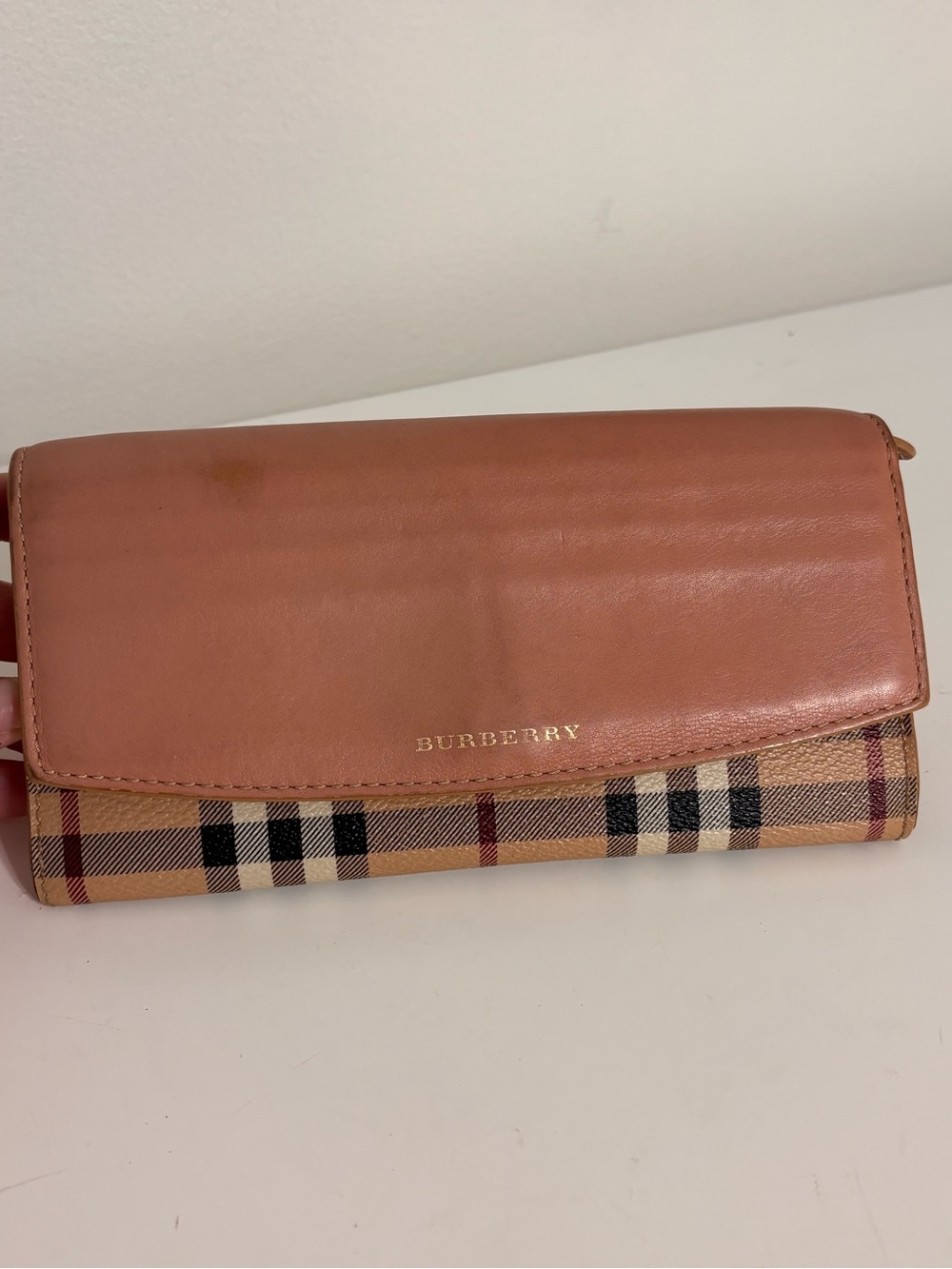 Burberry women’s large continental wallet nova check mauve and tan 7.5” x 4”
